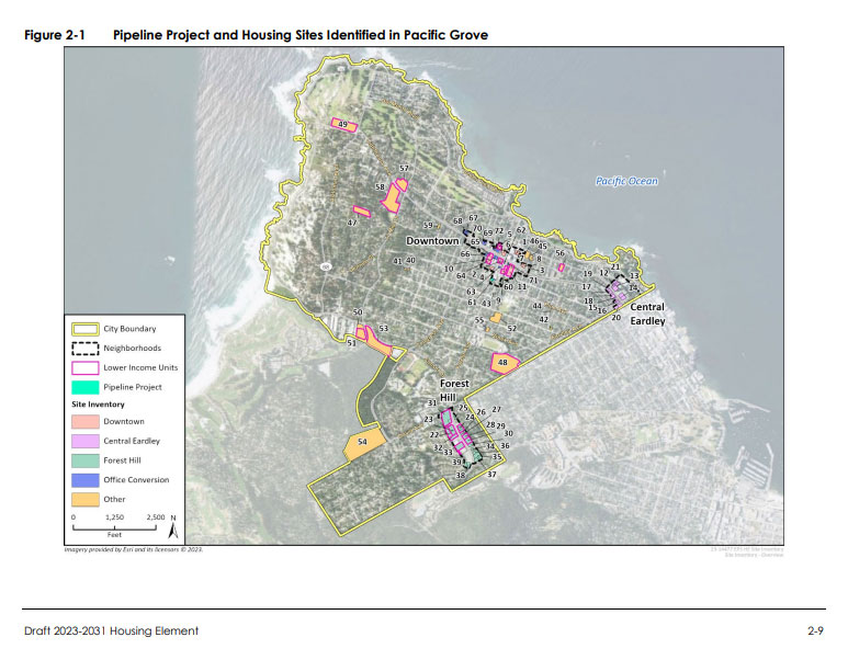 A map of Pacific Grove's proposed Housing Sites.