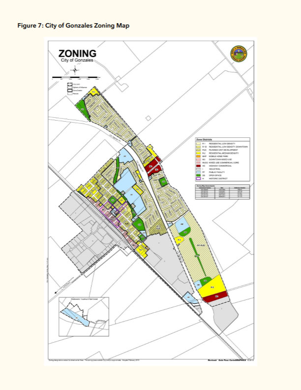 An image of the zoning map for the City of Gonzales.