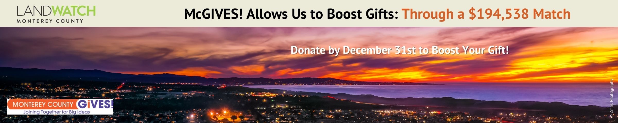 A photograph of a pretty sunset with Marina below. The graphic shows the LW logo and the McGives! Campaign with a challenge grant of $185,000. It requests people donate by 12/31. The McGIVES! Logo is bottom left.