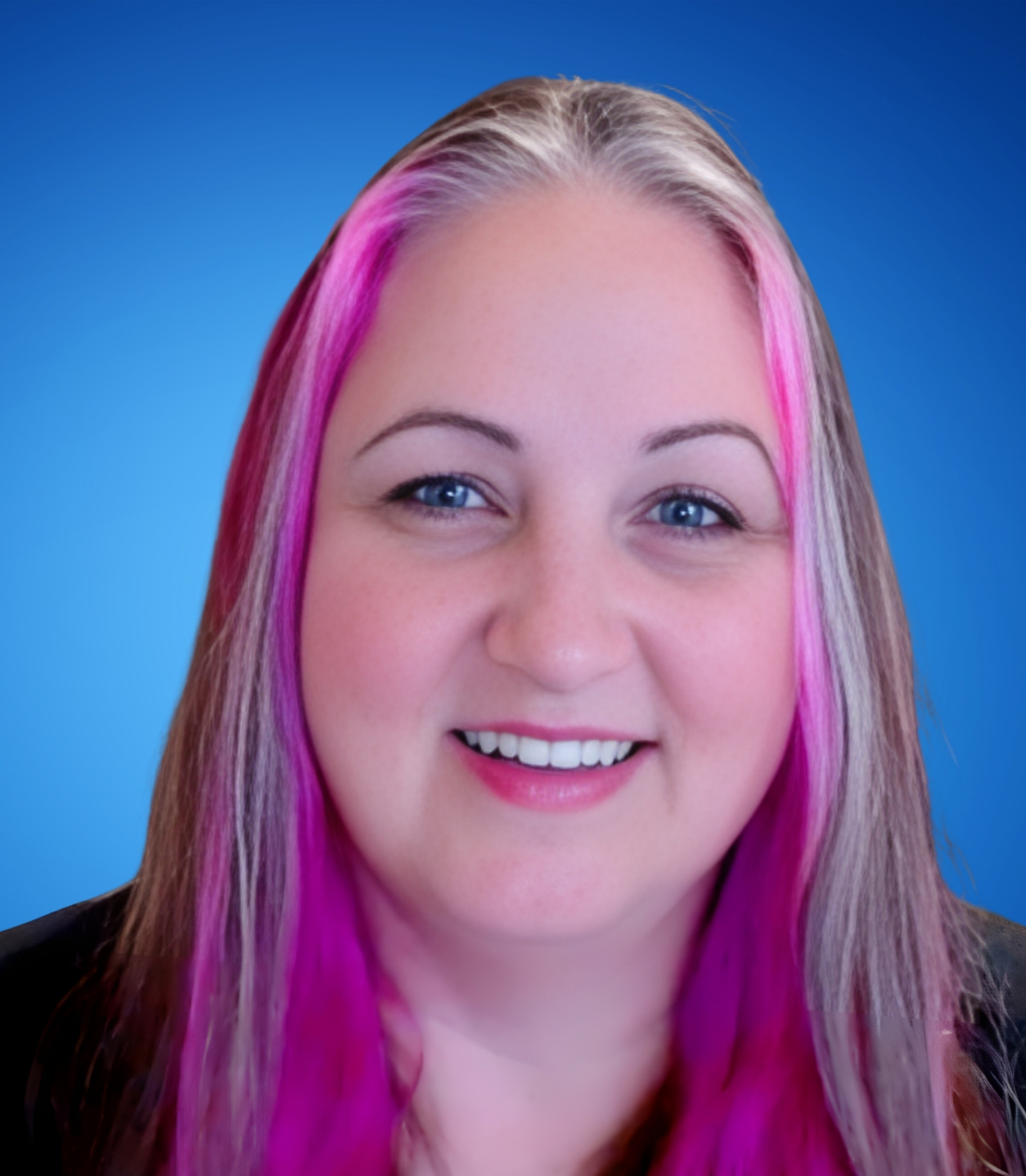 A photograph of Melanie Schlotterbeck against a blue background.