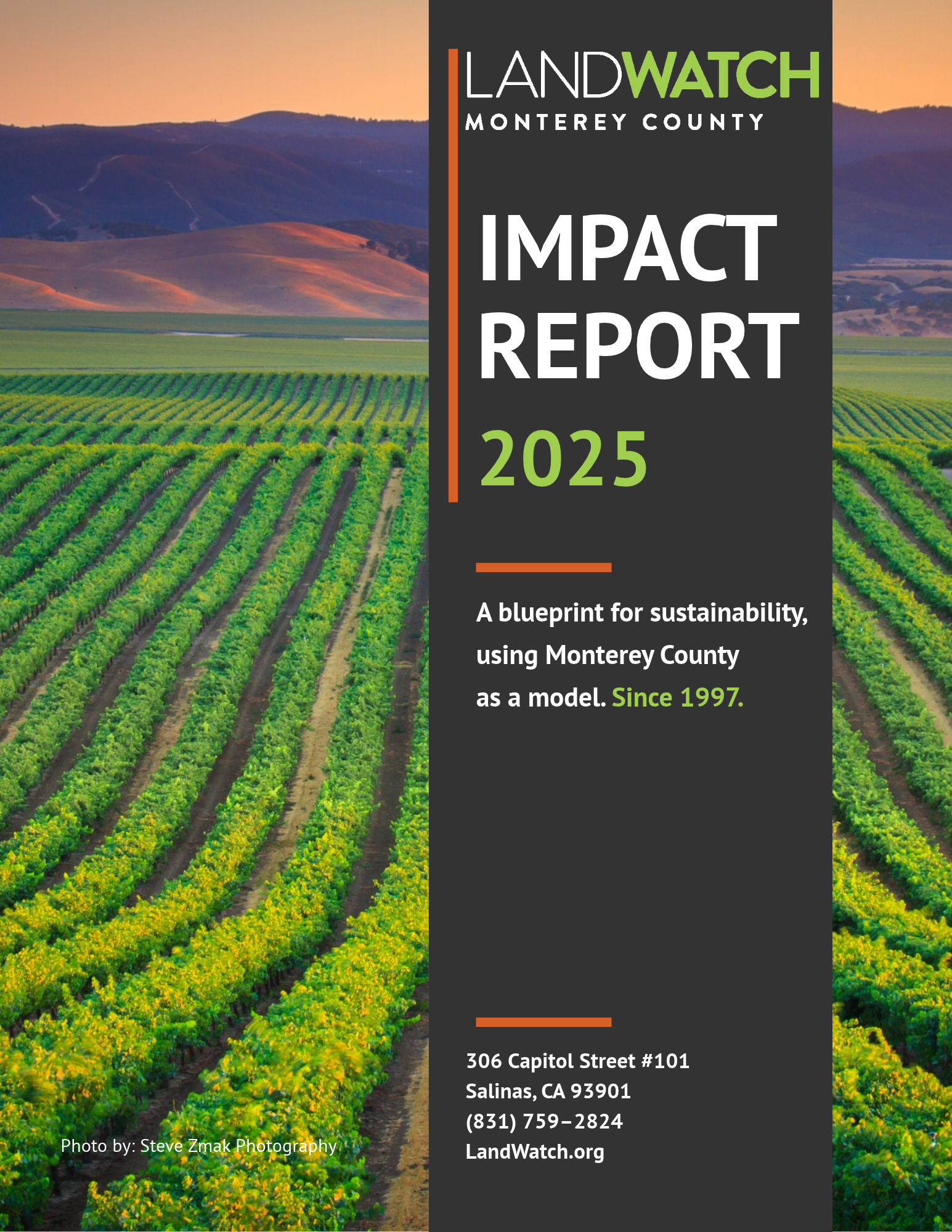 A cover of a 2025 Impact Report for LandWatch with an agricultural field in the background.